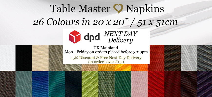 Coloured napkins available in 26 colours