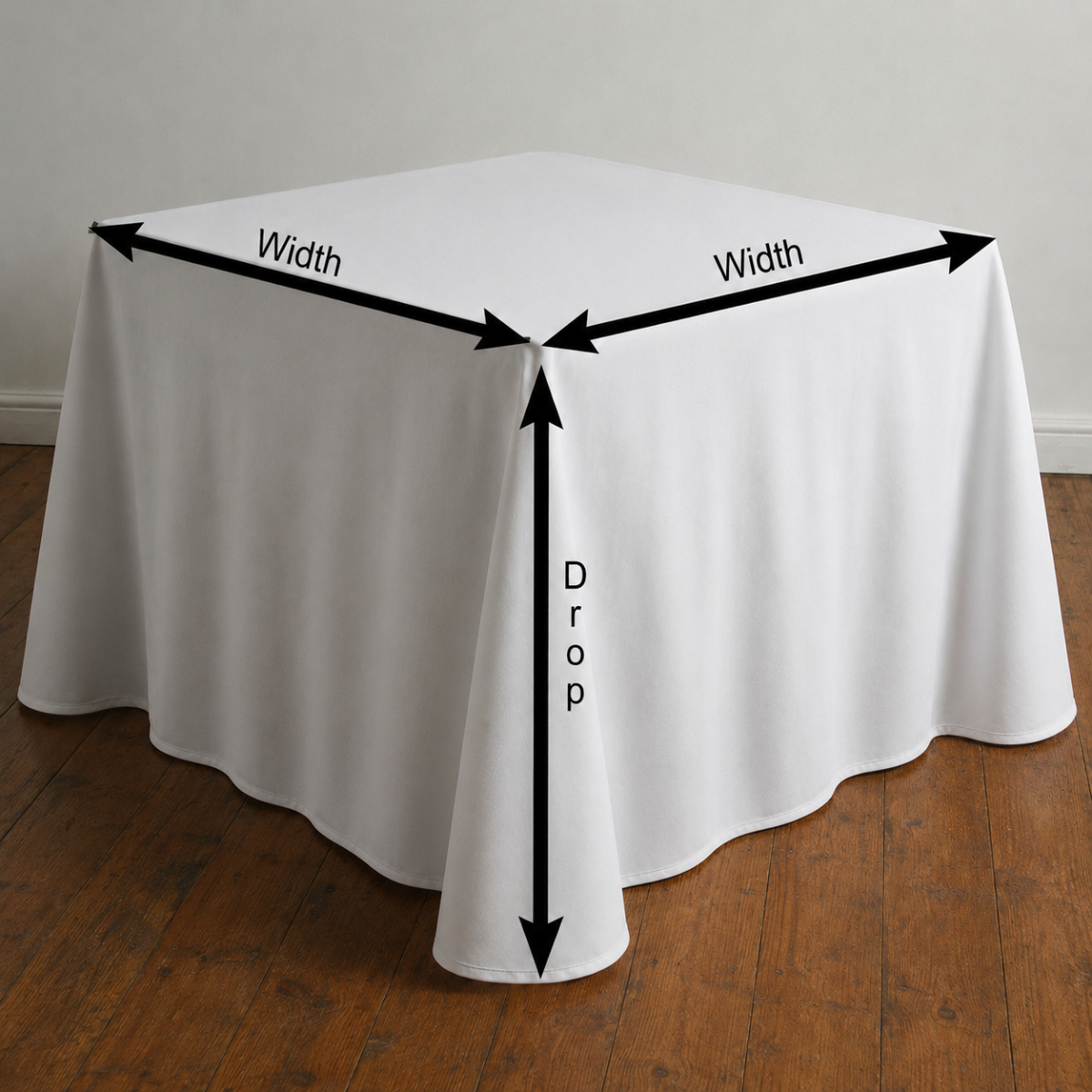 Square table showing width in both directions and tablecloth drop measurements