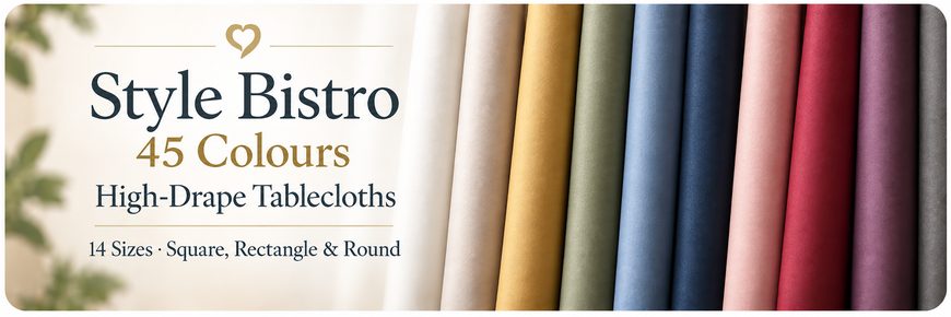 Style Bistro high-drape tablecloths available in 45 colours