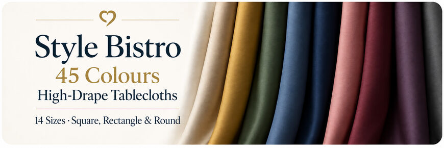 Style Bistro high-drape tablecloths available in 45 colours