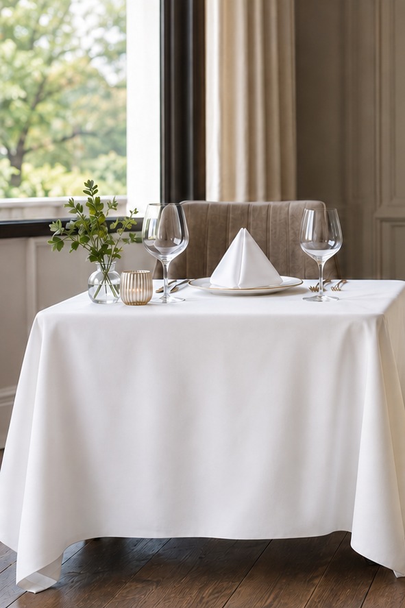 Ice White Table Master tablecloth with matching white napkin