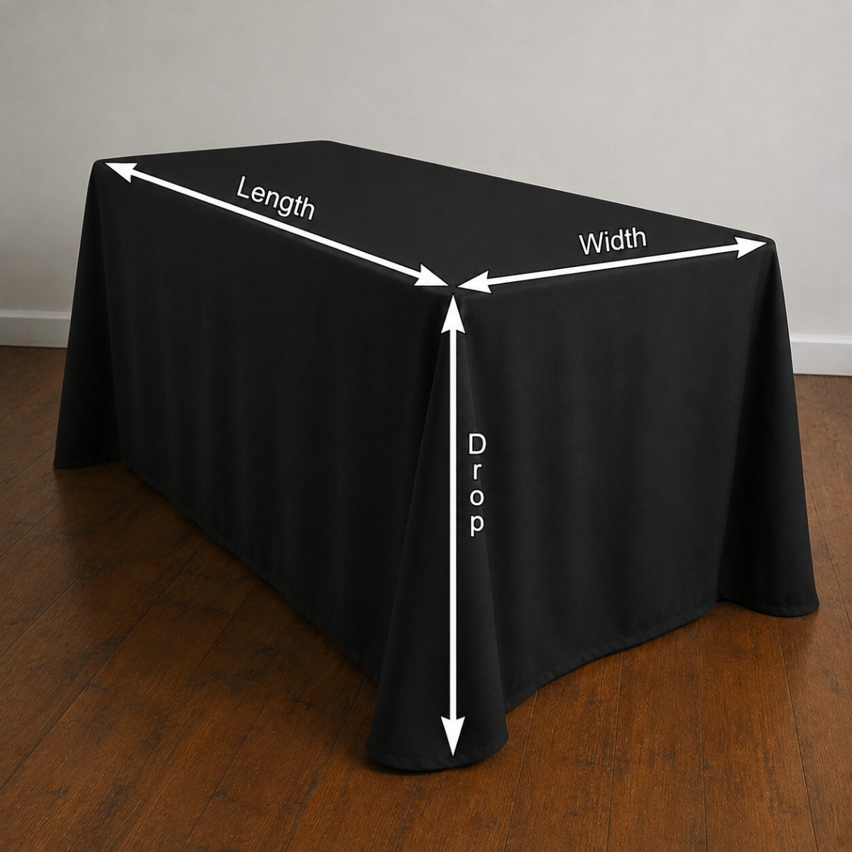 Treacle Black rectangular tablecloth measurement guide showing length, width and tablecloth drop