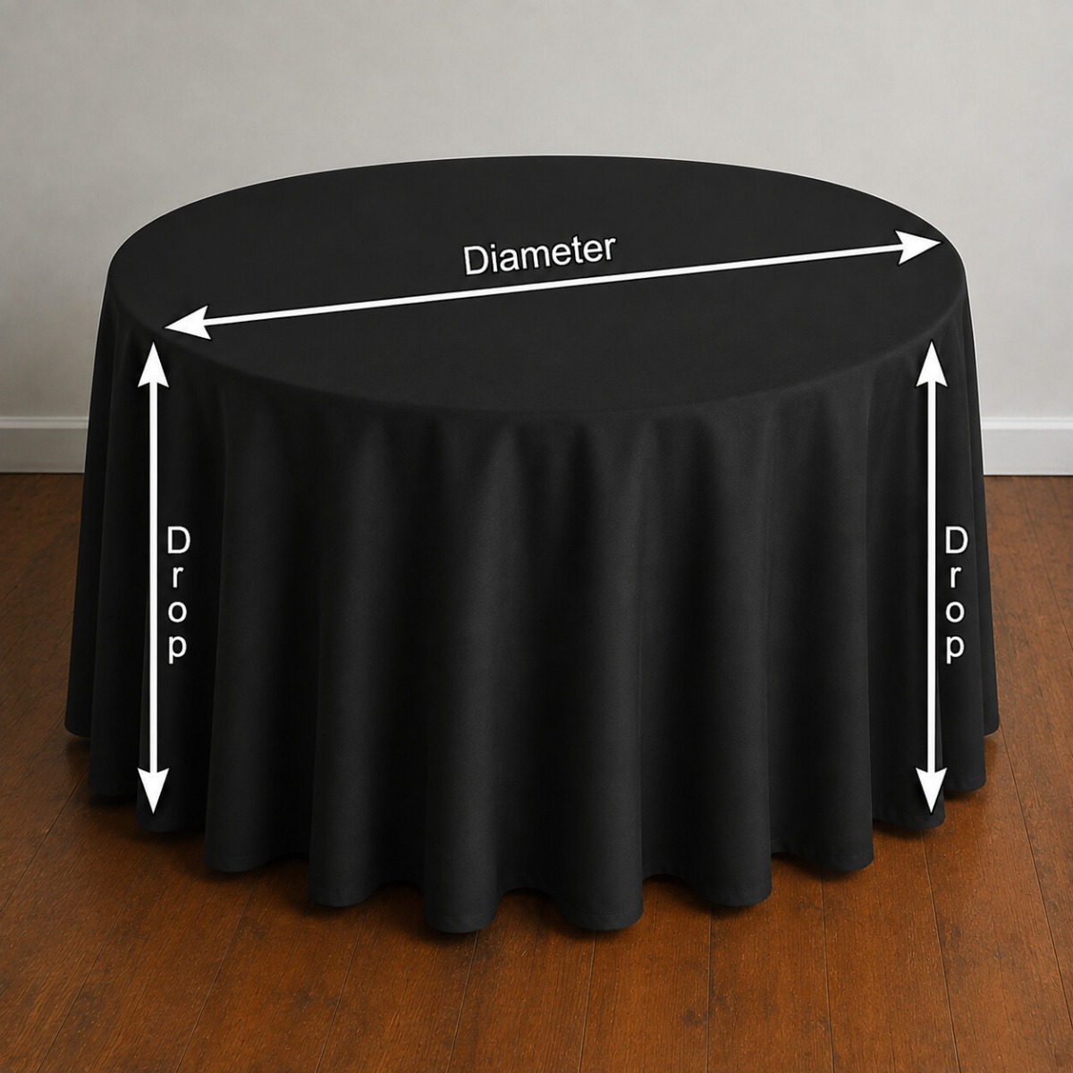 Treacle Black round tablecloth measurement guide showing diameter and tablecloth drop