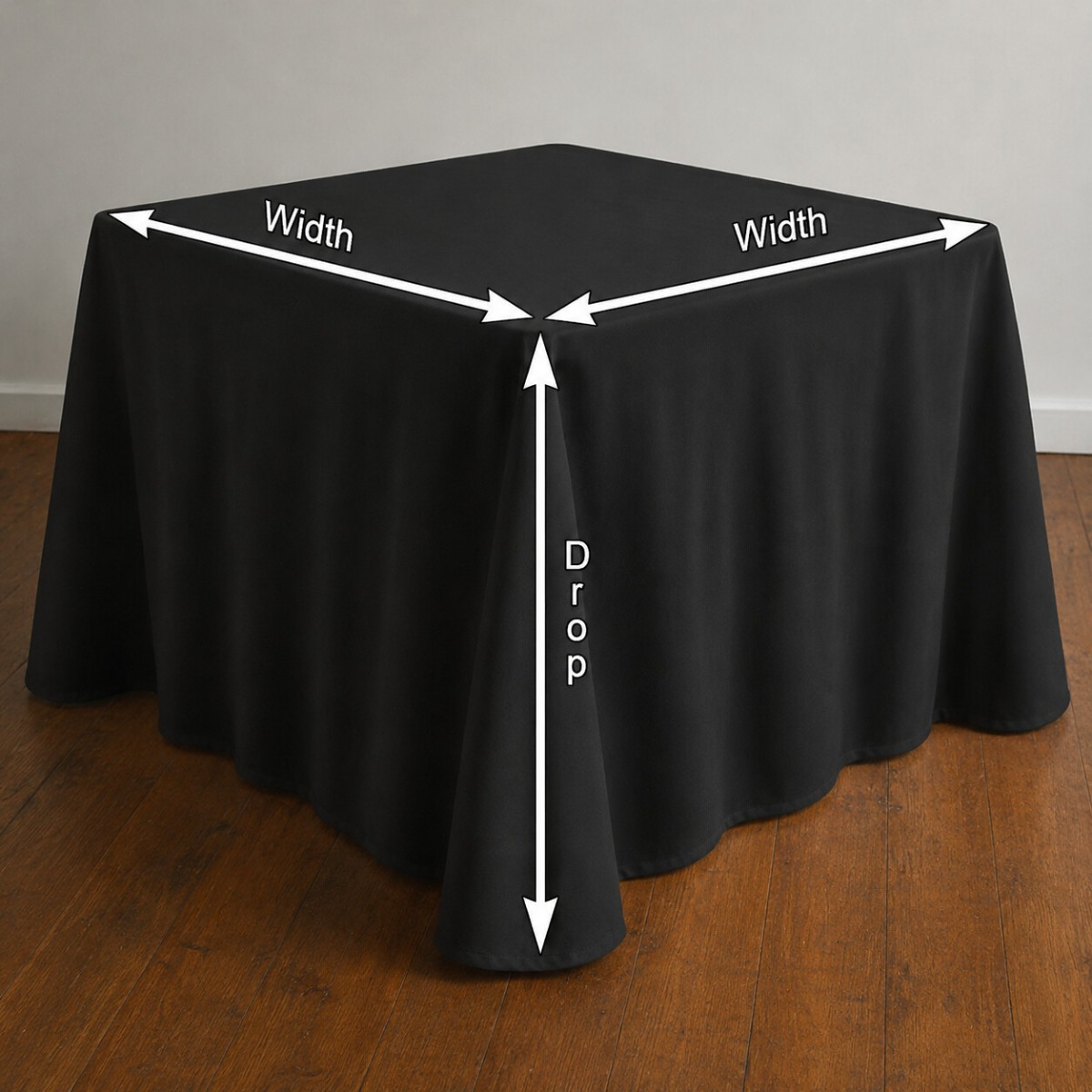 Treacle Black square tablecloth measurement guide showing width in both directions and tablecloth drop