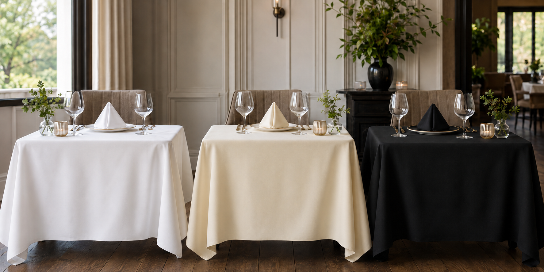Table Master hospitality tablecloths and napkins in Ice White, Treacle Black and Vanilla Ivory